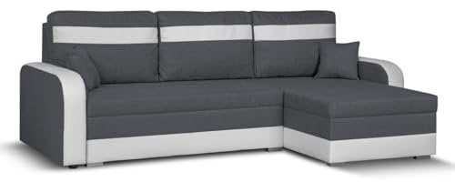 SENTO TRADE Ecksofa mit Schlaffunktion, Bettkasten, L-Form Eckcouch, Schlafsofa, inkl. Hocker, Bonellfederkern, CONDI (grau-weiß)