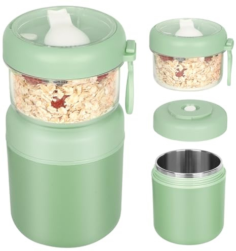JASTOO Grande tazza per cereali in acciaio inox, 530 ml + 330 ml, portatile, a prova di perdite, per il pane, per la colazione, per il pranzo, per lo yogurt, insalata rice box (verde)