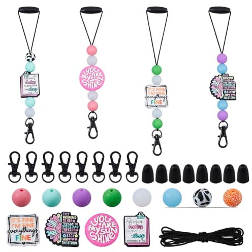 SUPERFINDINGS 58Pcs Funny DIY Silicone Beads Kit Silicone Loop Bead Keychain Including Colorful Beads Funny Quote Clasps Iron Needles Rope for DIY Car Charm Keychain Hanging Pendant