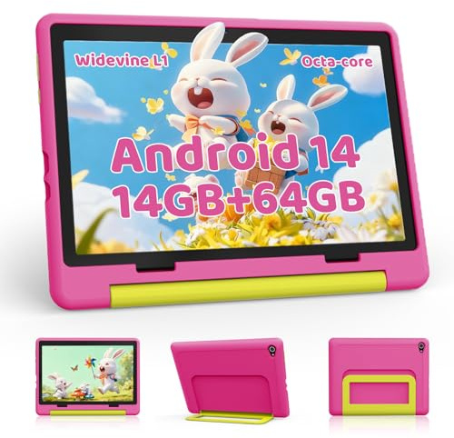 Laptok 10 Inch Kids Tablet, Android 14 Tablet for Kids With 14GB+64GB+1TB Expandable, Octa-Core Processor, Face ID, 5MP+8MP, 5000mAh, Parental Control, 5G WiFi 6, BT 5.3, Protective Case,Pink