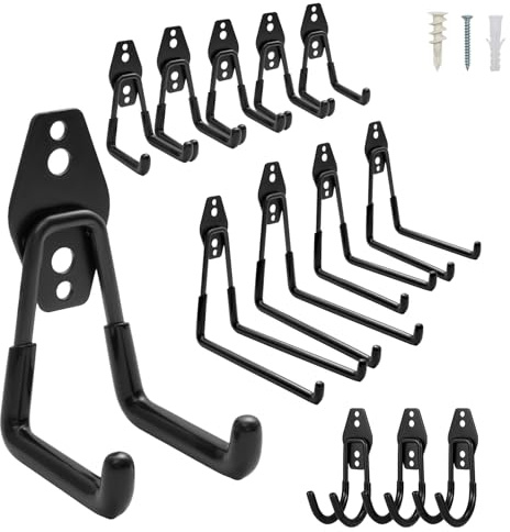 Pack Heavy Duty Garage Hooks – Wall Mounted Utility Hangers for Tools, Ladders, Bikes, Garden Equipment – Strong Metal Hooks with Non-Slip Coating for Shed, Workshop, Garage Storage (Black)