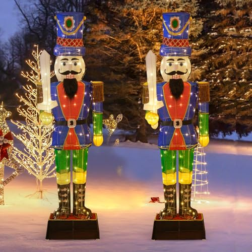SOARS Decorazioni Natalizie, Set di 2 Schiaccianoci Natale Grande Soldatino 184 CM, 110 Luci Bianche Calde, Base Metallica, Addobbi Natalizi per Esterno Interno per Casa, Cortile, Giardino
