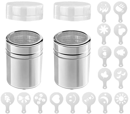 2 Pcs Powder Shaker Duster, 7oz Sifter for Baking Cappuccino Cocoa | Stainless Steel Flour Sugar Cocoa Powder Sifter with 16 Coffee Templates for Baking Cooking Cappuccino Latte Coffee Drinks