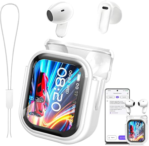 BEARTAIN NE20 AI Translation Earbuds in Real Time, Language Translator Earbuds Open Ear Headphones Touch Screen Support 135 Languages Translation Device fit iOS & Android for Travel Business White