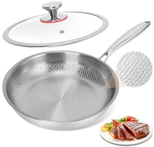 Yigowyigo Edelstahlpfanne 28cm Pfanne Edelstahl mit Glasdeckel, Unbeschichtet Tri-Ply Edelstahl Pfanne Lotusblattmuster Textur-Design Edelstahlpfannen für Induktions-, Gas- und Elektroherde