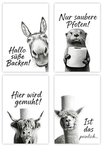 LUMIREX 4 Stück Deko Badezimmer Wandbilder Set, Badezimmer Deko Für Toilette, Lustige Schwarz-Weiß Badezimmer Postere, Bild Toilette Humorvolles Geschenk Für Alle Altersgruppen