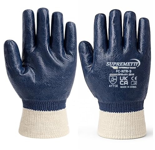 Supreme TTF 6 Pairs Nitrile Work Gloves, Fully Coated, Dark Blue Waterproof, Oil-Resistant, Abrasion-Resistant, Protective Gloves, Nitrile Gloves (Large)