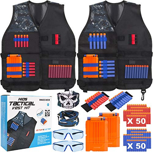 INNOCHEER Taktische Weste 2 Pack für Kinder, Taktische Weste Jacke Kit mit 100 er Darts, 2 Brille, 2 schnell nachladen Clips, 2 Maske und 2 Armbände