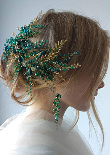 Kercisbeauty Green Beads Headpiece with Earrings Gold Headband for Brides Side Headband Hair Accessories Vintage Wedding Jewelry Handmade