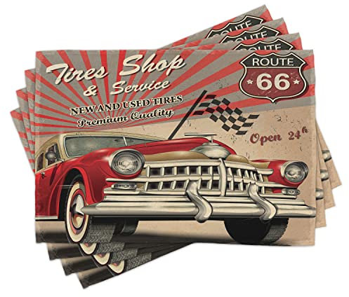 ABAKUHAUS Autos Platzmatten, Alt Modische Werbung Sport-Autos Route 66 Emblem Retro Stil Muster, Waschbare Stoff Esszimmer Küche Tischdekorations Digitaldruck, Sepia Grau