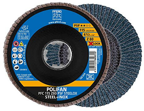PFERD Fächerscheibe POLIFAN, 10 Stück, 115mm, Z80, X-LOCK (22,23 mm), PSF STEELOX, 67668116 – für hohe Wirtschaftlichkeit durch aggressive Zerspanung bei guter Standzeit