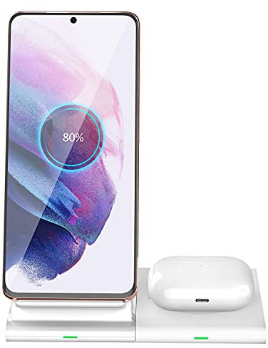 Hoidokly Wireless Charger, Dual Induktive Ladestation Fast Magnetische Kabelloses Ladegerät für Samsung S22+/S21/S10/S9/Galaxy Buds Live (White, 2 in 1 Charger)