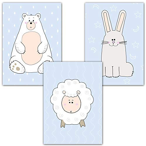Homery Wandbilder für Kinderzimmer 3er Set Deko, Babyzimmer hochwertige Poster DIN A4 Bilder - Mädchen und Jungen Dekoration in Modernen Farben Kunstdruck (Tiere Blau)