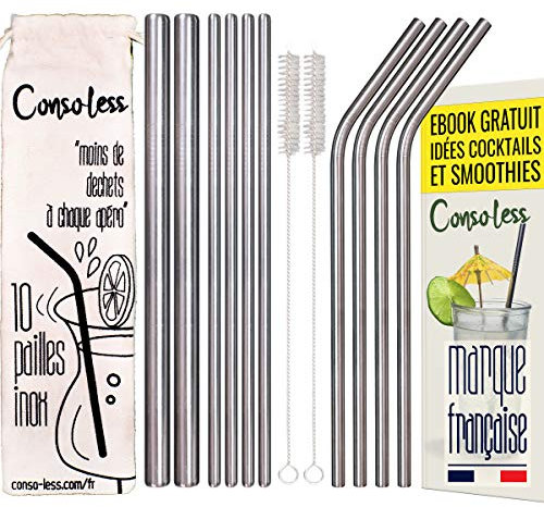 CONSOLESS 13PC Pailles INOX Réutilisables avec 2 Brosses de Nettoyage, Sac de Rangement, Pailles en Métal Diamètre de 6mm et 12mm avec EBOOK idées Cocktails Smoothie Milkshake Café Boissons Chaude