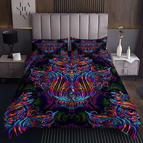 Homemissing Eule Steppdecke Boho Eule Tagesdecke 170x210cm für Kinder Boho Exotischer Stil Bettüberwurf Glitter Blau Ethnic Eule Tier Drucken Raumdekoration 2St