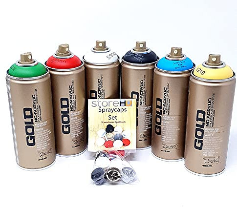 Montana Gold Spray Cans Set Basic Colours + Replacement Spray Heads Graffiti Street Art 6 x 400 ml