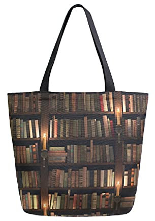 COZYhome - Bolsa de lona grande, diseño de biblioteca, bolsa de compras, reutilizable, bolsa de hombro, para mujeres, trabajo, escuela, etc
