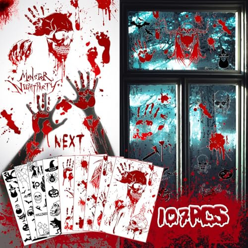 LOVEXIU Halloween Decoracion Terror, 9pcs Decoración de Fiesta de Halloween, Decoracion Halloween casa, Halloween Decoracion Pegatinas Engomadas de la Ventana para Fiestas, Puerta, Baño(Rojo + Negro)