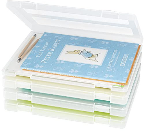 iBune 4 Pack Scrapbook Paper Storage Boxes, Portable Project Case for 8.5 x 11 Letter A4 File Paper, Plastic Storage Box Office Documents Holder, Inner Size 12.2 x 8.9 x 0.7 in