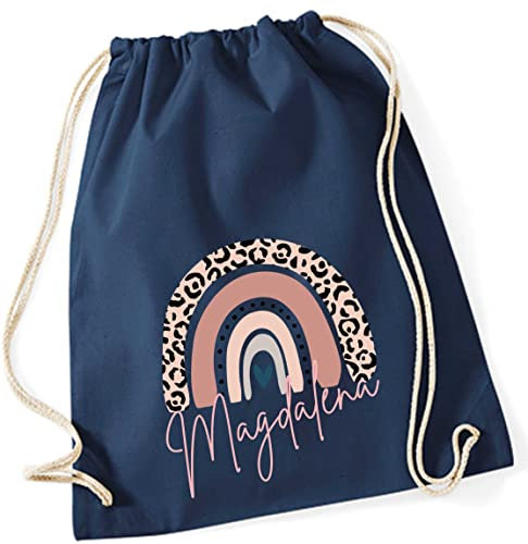 Turnbeutel mit Namen Leo-Print | Motiv Regenbogen in rosa | Stoffbeutel zum Zuziehen als Rucksack für Mädchen (dunkelblau)