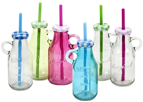 Lote de 15 Botellas con Asa Luke de Cristal con Pajita en Colores Surtidos. Vajillas y Complementos. Regalos Originales para Niños y Niñas. Detalles para Comuniones, Cumpleaños, Bautizos y Bodas.