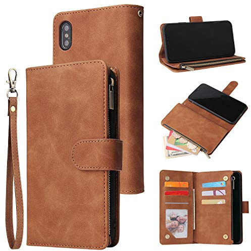 UEEBAI Wallet Case for iPhone Xs Max, Premium Vintage Leather Magnetic Closure Handbag Zipper Pocket Case Kickstand Card Holder Slots Wrist Strap Shockproof Flip Cover for iPhone Xs Max - Brown