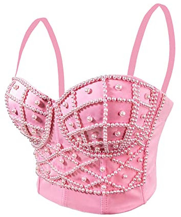 Woboren Push up Bustier Crop Top para mujer Gothic Punk Rhinestone Corset Clubwear Party Bra (Rosa, XS)