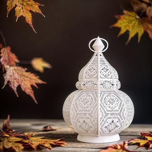Farol oriental de metal Maha blanco 28 cm | Portavelas marroquí oriental para jardín | Farol de metal marroquí para exteriores como farolillo de jardín o interior como lámpara de mesa