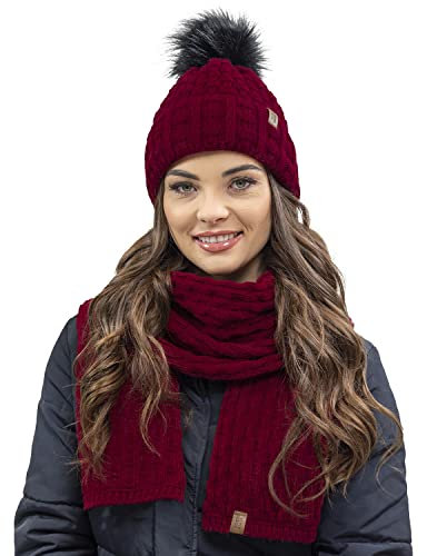 VIVISENCE Trendige Damen Winter Bommelmütze Mit Weichem Vlies-Innenfutter Aus Wärmendem Garn Antistatische Eigenschaften Perfekte Passform Für Kalte Wintertage Modisches Design, Weinrot,Einheitsgröße