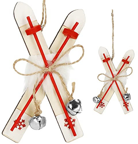 SPRINGOS Weihnachtsbaum Anhänger Retro Weihnachtsschmuck Miniatur-Skier Behang Ski mit Stöcken Glöckchen 14 cm