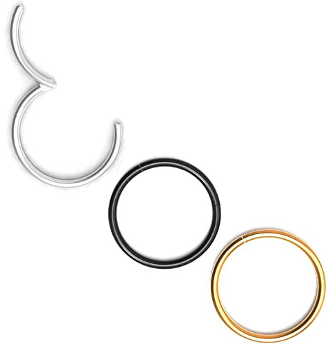 Body CAC 3 Stück-0,8mm×9mm 316L Chirurgenstahl Hinged Nose Rings Hoop Piercing Lip Helix Knorpel Rook Ohrringe, Gold/Silber Ton/Schwarz