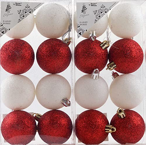 Blue Whale Gifts Red White Christmas Tree Baubles (Set of 16, Round, Plastic, Acrylic)