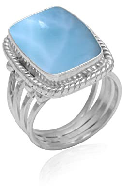 Veracity Jewelry 925 Sterling Silver Gemstone Statement Rings – Gift For Birthday Wedding Anniversary Mother's Day Ring – Vintage Boho Style Handmade Gifts (Larimar)