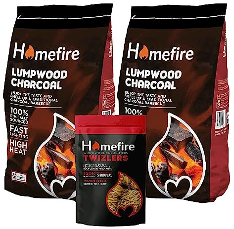 Lumpwood Charcoal & Fire Lighters for BBQ - Pack of 2 x 8kg Barbecue Lump Wood Charcoal Bags & 300g Twizlers Firelighters with Topline Card for Outdoor Barbeque Grill, Camping BBQs or Pizza Oven