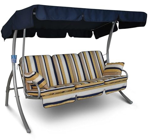 Angerer Hollywoodschaukel Comfort – Schaukel zum Sitzen, Liegen & Entspannen, inkl. Bett-Funktion, einfache Montage, Made in Germany, hochwertiger Stoff, Blau-Beige-Weiß gestreift