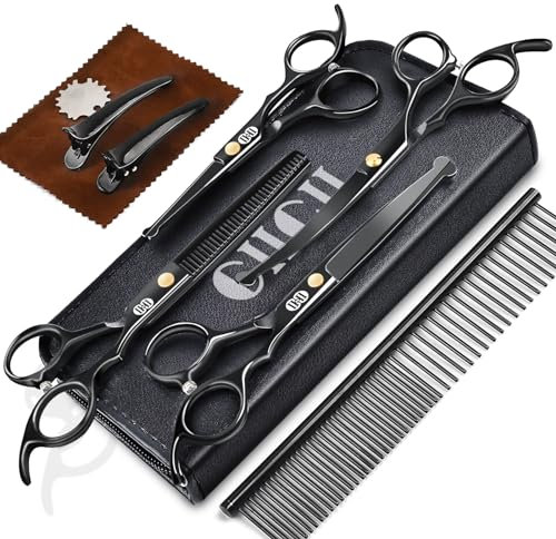 CIICII Hundeschere, 10-In-1 Profi Fellschere Hunde Set mit Runder Sicherheitsspitze (Katzen Hundepflege Effilierschere & Gebogene & Gerade Haarschere) für Fellpflege Hund Katze Haustier (Schwarz)