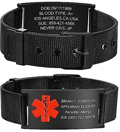 Notfallarmband Medizinisches Armband Herren Personalisierte : Schwarz Notfall Schmuck Gravur Ice Name Identifikation Allergien Diabetes Epilepsie Armbänder Medizinische Alarm Armband für Männer Jungen