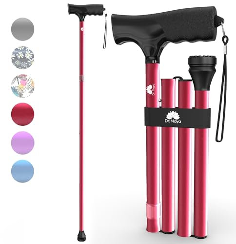 Dr. Maya Folding Walking Stick for Women and Men – Adjustable Collapsible Walking Cane with Soft T Handle and Carry Bag – Lightweight Foldable Walking Stick for Seniors, Red, Supports 113 kg