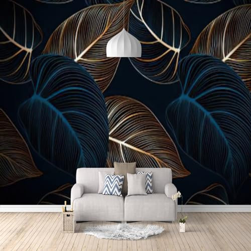 Nordic Simple Leaves Wallpaper Mural, Dark Blue Plant Wallpaper, Wall Mural Art for Restaurant Cafe Room Home Decoration 350 x 256 cm