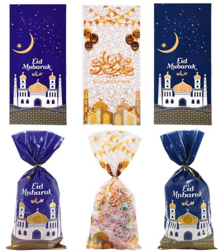 100 Stück Eid Mubarak Plätzchentüten, Ramadan Thema Süßigkeiten Tüten mit 100 Twist Krawatten, 3 Muster Ramazan Bonbons Geschenk Tasche, Moschee Laterne Geschenktüten für Eid Mubarak Party