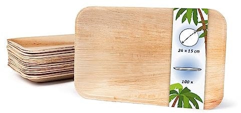 onlyleaf Palmware Haute qualité d'assiette en feuille de palmier I 100 pièces d'assiettes rectangle du feuille palmier 24x15cm I Bio jetable vaisselle pour fête rapidement décomposable
