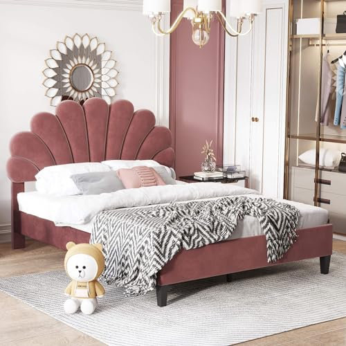 Polsterbett Doppelbett 140 x 200 cm Bettgestell mit Lattenrost und Blumenförmigem Kopfteil, Familienbett Modern Metallbett für Erwachsene & Jugend, Gästebett, Hautfreundlichem Samtstoff, Rot