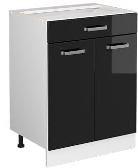 Vicco Küchenunterschrank R-Line, Schwarz Hochglanz, 60 cm mit Schublade, ohne Arbeitsplatte