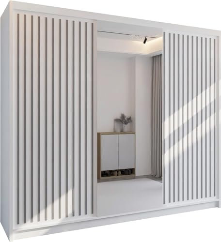 MN Furniture Roni Wide Wardrobe with Hanging Rails, Shelves and Drawers, Freestanding Closet Cabinet and Wardrobe with Sliding Mirror Doors for Bedroom (White, 250cm)