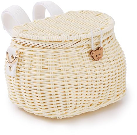 SVNR Fahrradkorb für Kinder Fahrradkorb Vorne, Fahrrad Korb Roller Dreiradkorb, handgewebter Rucksack mit Deckel Schultergurt, Rattankorb, Vorderlenkerkorb, Beige