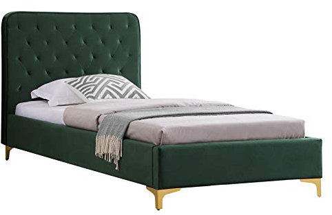 Lit Simple Glamour Couchage 1 Place 90x190 cm, avec sommier et Pieds en métal doré, Style Baroque, avec revêtement en Velours capitonné Vert