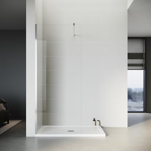 SONNI Duschwand Glas 120 x 200 cm Walk In Dusche - inklusive 120 x 90 cm Quadratische Duschtasse und Ablaufgarnitur - 8 mm NANO Glas