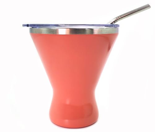 10oz Stainless Steel Martini Glass with Lid and Straw - Temperature Insulated Cocktail Tumbler for Every Outdoor, Picnic, Poolside, Beach & Patio Party (Coral, Pack of 1)