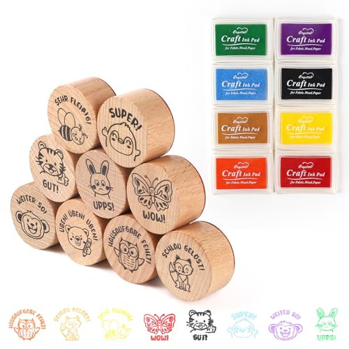 LALAGO Holz Lehrer Stempel Set - 9 Stück Motivstempel Mit 8 Verschiedenen Farben Druckknete - Belohnung Und Geschenk Für Lehrertag, Motivation, Deutsch Lob Schüler
