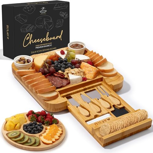 ZK - Tabla de queso de bambú con cubiertos, cajón y cuencos de cerámica, tamaño pequeño, icono